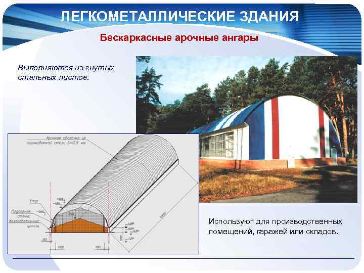 ЛЕГКОМЕТАЛЛИЧЕСКИЕ ЗДАНИЯ Бескаркасные арочные ангары Выполняются из гнутых стальных листов. Используют для производственных помещений,