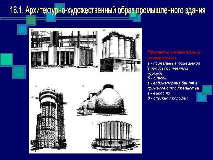 Примеры инженерных сооружений: а подвальные помещения в производственном корпусе б силосы в водонапорная башня