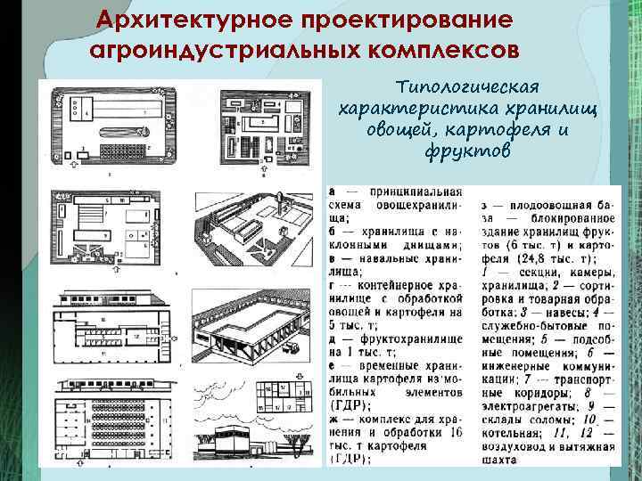 Архитектурное проектирование агроиндустриальных комплексов Типологическая характеристика хранилищ овощей, картофеля и фруктов 