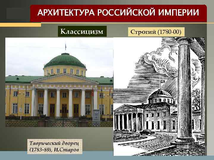 LOGO АРХИТЕКТУРА РОССИЙСКОЙ ИМПЕРИИ Классицизм Строгий (1780 -00) Царское Село Таврический дворец (1783 -89),