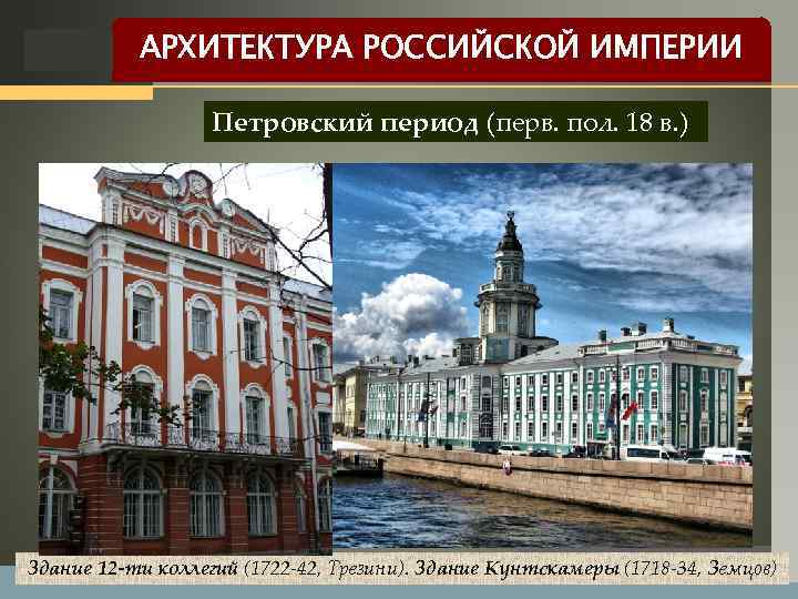 LOGO АРХИТЕКТУРА РОССИЙСКОЙ ИМПЕРИИ Петровский период (перв. пол. 18 в. ) Здание 12 -ти