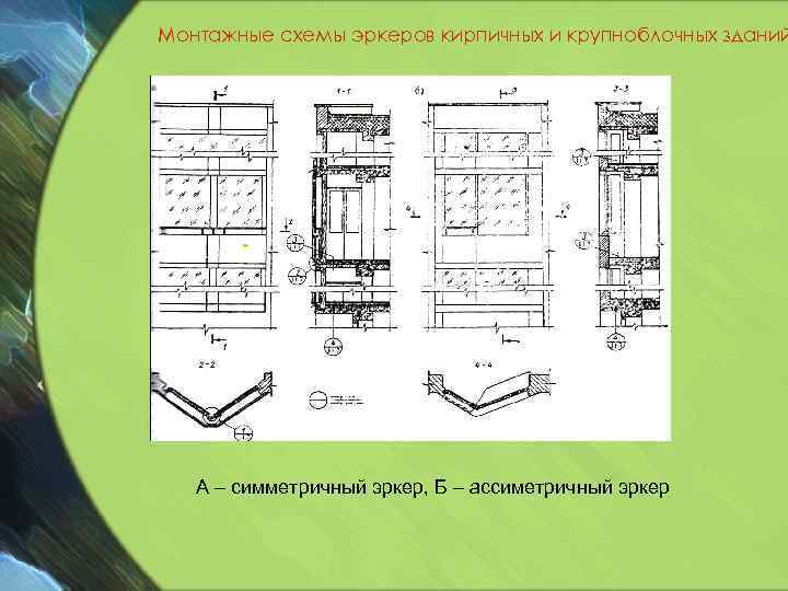 Монтажные схемы эркеров кирпичных и крупноблочных зданий А – симметричный эркер, Б – ассиметричный