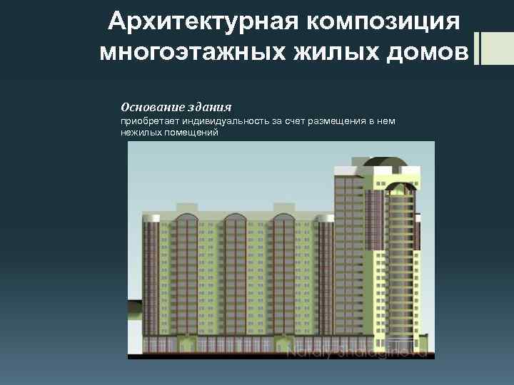 Архитектурная композиция многоэтажных жилых домов Основание здания приобретает индивидуальность за счет размещения в нем