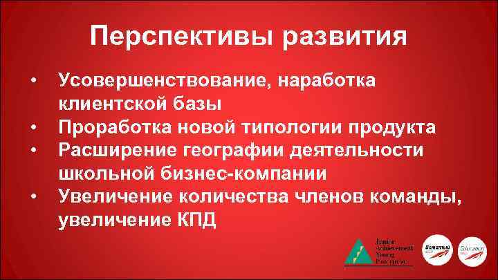 Перспективы развития • • Усовершенствование, наработка клиентской базы Проработка новой типологии продукта Расширение географии