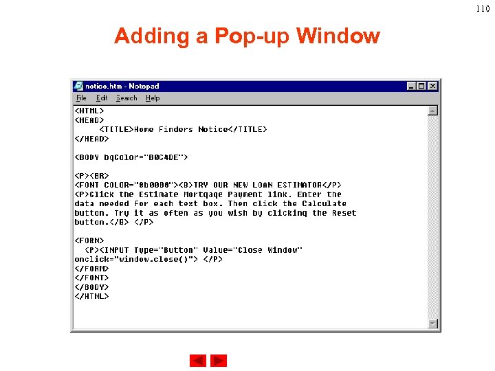 110 Adding a Pop-up Window 