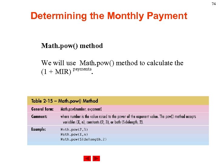 74 Determining the Monthly Payment Math. pow() method We will use Math. pow() method