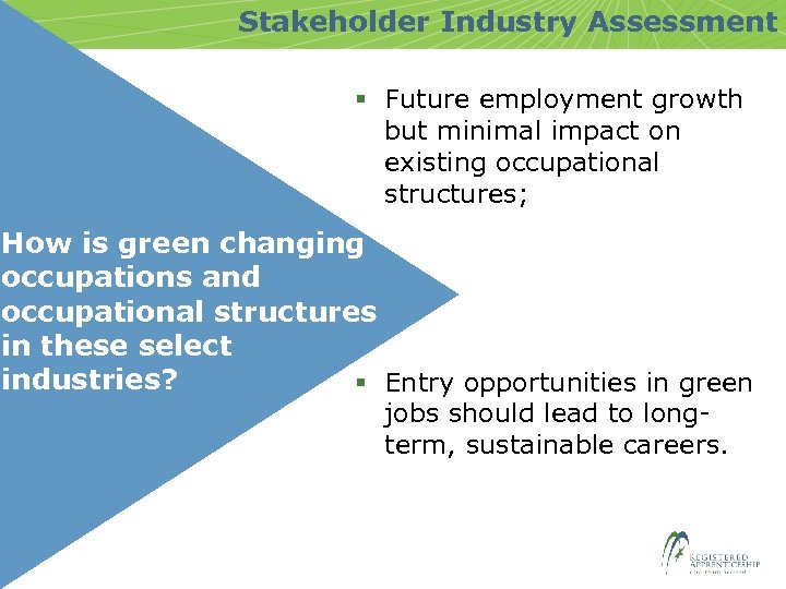Stakeholder Industry Assessment § Future employment growth but minimal impact on existing occupational structures;