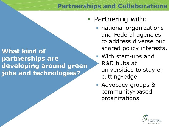 Partnerships and Collaborations § Partnering with: What kind of partnerships are developing around green