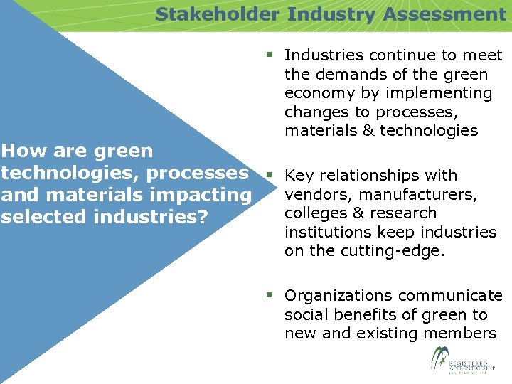 Stakeholder Industry Assessment § Industries continue to meet the demands of the green economy
