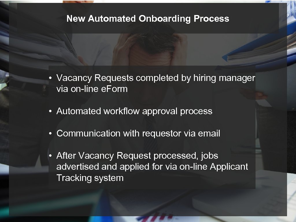 New Automated Onboarding Process • Vacancy Requests completed by hiring manager via on-line e.
