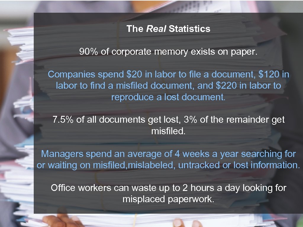 The Real Statistics 90% of corporate memory exists on paper. Companies spend $20 in
