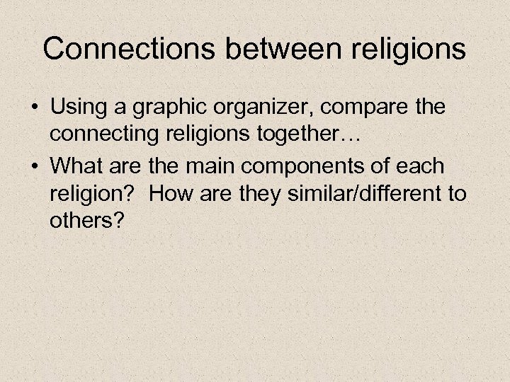 Connections between religions • Using a graphic organizer, compare the connecting religions together… •