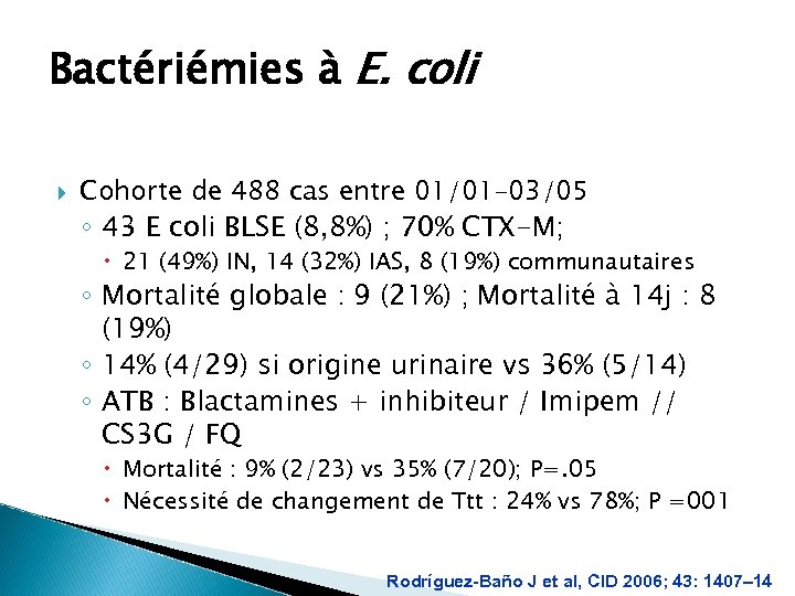 Bactériémies à E. coli Cohorte de 488 cas entre 01/01– 03/05 ◦ 43 E