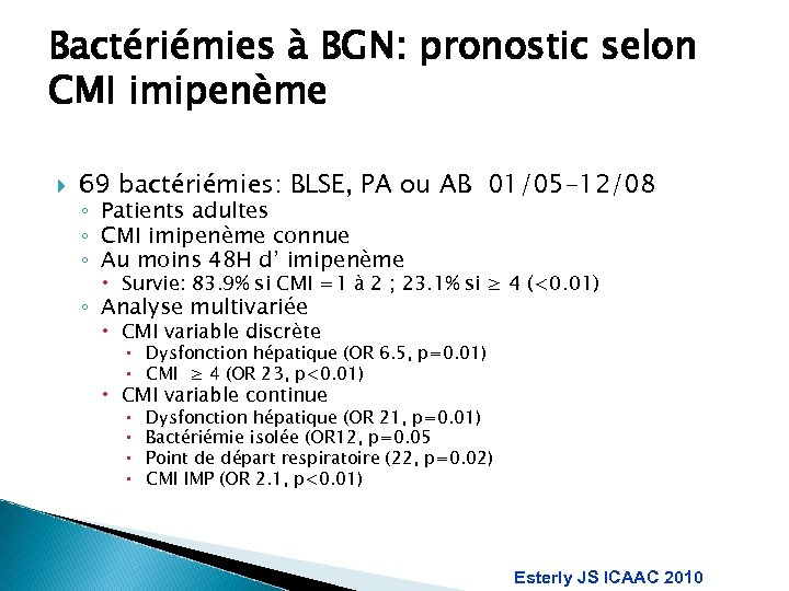 Bactériémies à BGN: pronostic selon CMI imipenème 69 bactériémies: BLSE, PA ou AB 01/05