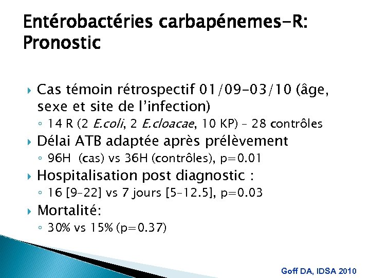 Entérobactéries carbapénemes-R: Pronostic Cas témoin rétrospectif 01/09 -03/10 (âge, sexe et site de l’infection)