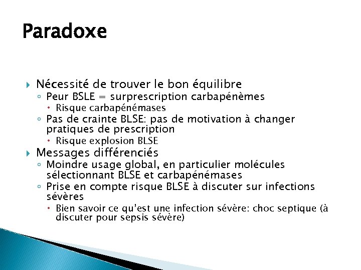 Paradoxe Nécessité de trouver le bon équilibre ◦ Peur BSLE = surprescription carbapénèmes Risque