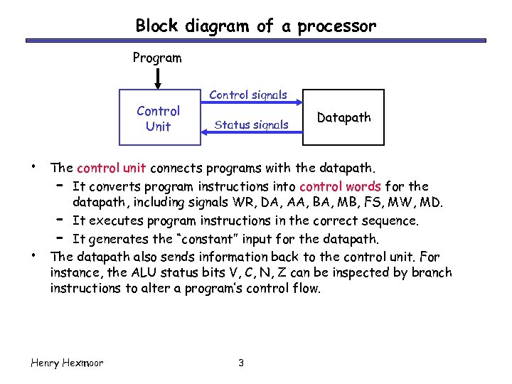 Block diagram of a processor Program Control Unit • • Control signals Status signals