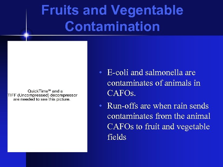 Fruits and Vegentable Contamination • E-coli and salmonella are contaminates of animals in CAFOs.