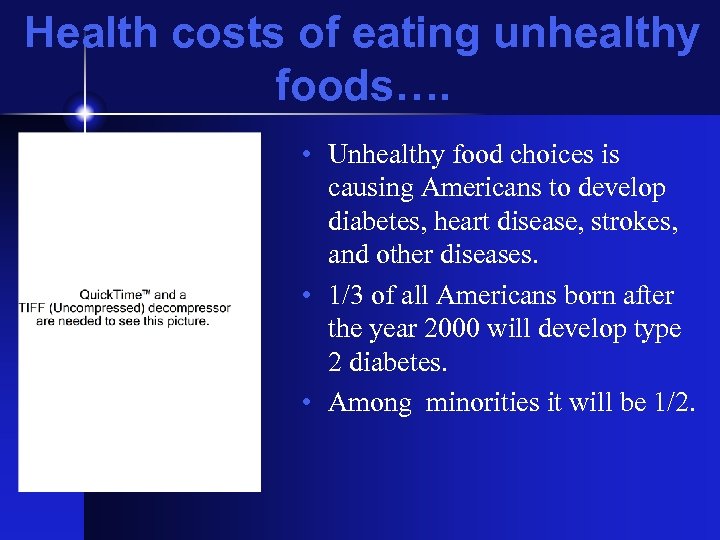 Health costs of eating unhealthy foods…. • Unhealthy food choices is causing Americans to