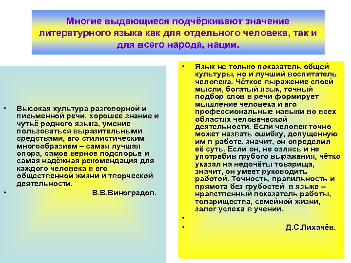 Многие выдающиеся подчёркивают значение литературного языка как для отдельного человека, так и для всего