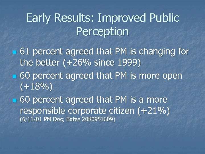 Early Results: Improved Public Perception n 61 percent agreed that PM is changing for