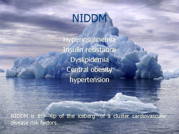 NIDDM Hyperinsulinemia Insulin resistance Dyslipidemia Central obesity hypertension NIDDM is the “tip of the