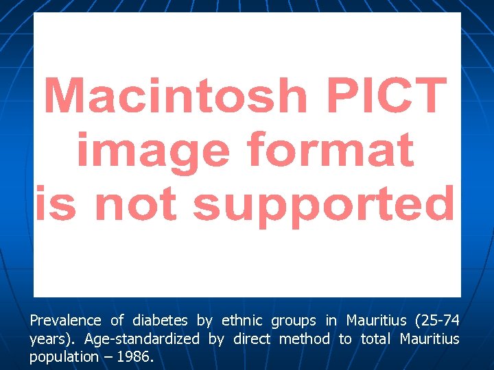 Prevalence of diabetes by ethnic groups in Mauritius (25 -74 years). Age-standardized by direct