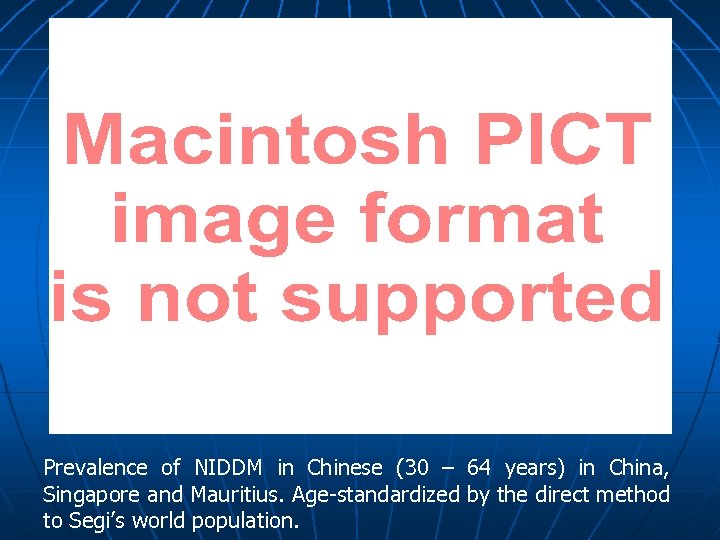 Prevalence of NIDDM in Chinese (30 – 64 years) in China, Singapore and Mauritius.