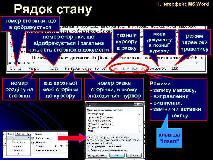 1. Інтерфейс MS Word Рядок стану номер сторінки, що відображується і загальна кількість сторінок