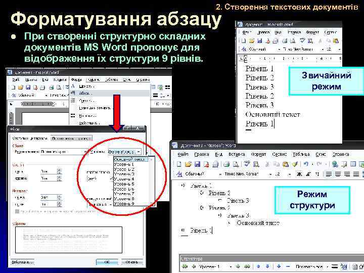 2. Створення текстових документів Форматування абзацу l При створенні структурно складних документів MS Word