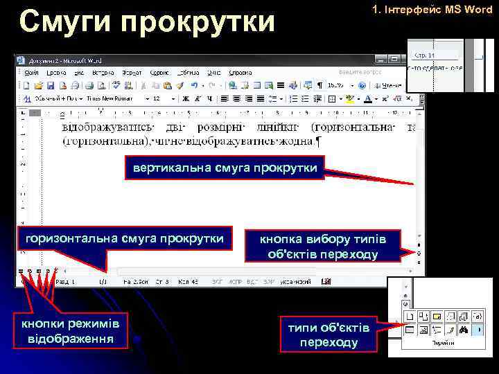 1. Інтерфейс MS Word Смуги прокрутки вертикальна смуга прокрутки горизонтальна смуга прокрутки кнопки режимів