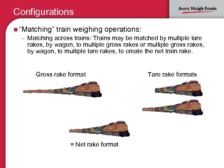 Configurations n “Matching” train weighing operations: – Matching across trains: Trains may be matched