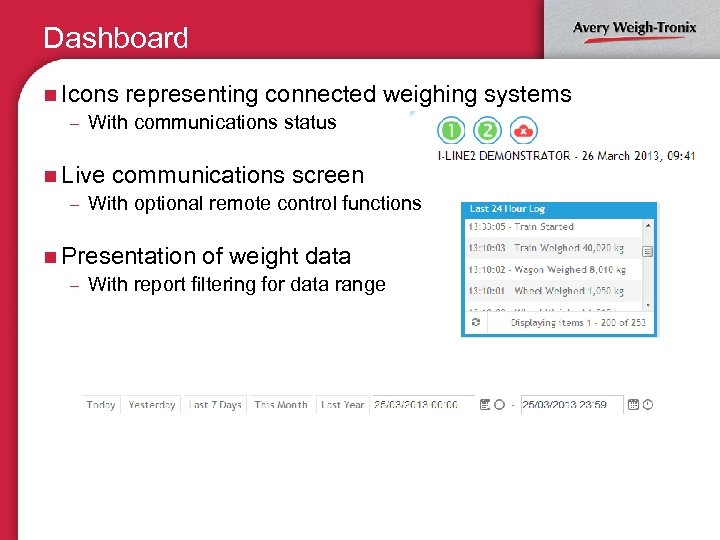 Dashboard n Icons representing connected – With communications status weighing systems n Live communications