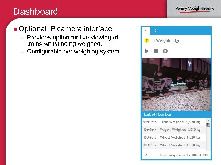 Dashboard n Optional IP camera interface – Provides option for live viewing of trains