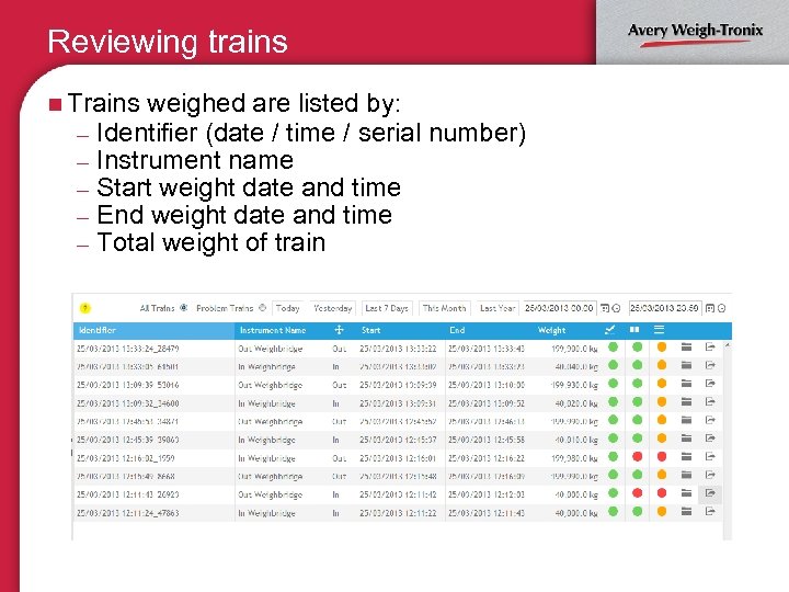 Reviewing trains n Trains weighed are listed by: – Identifier (date / time /