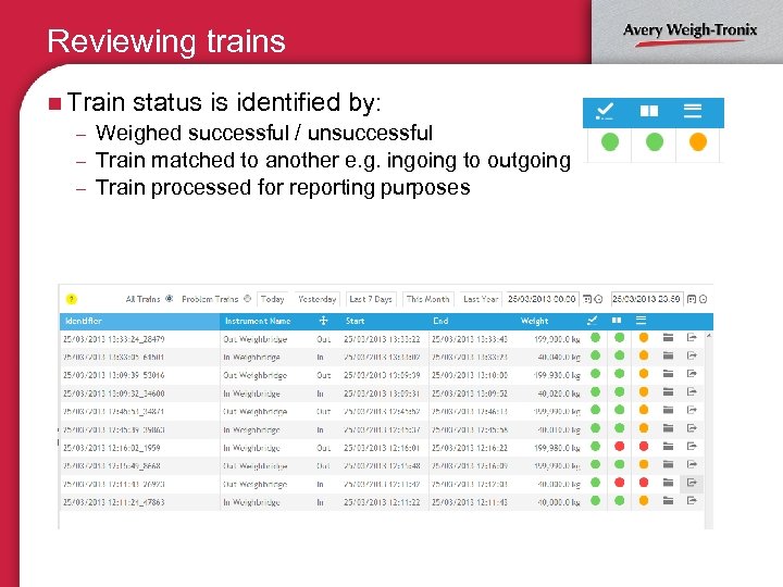 Reviewing trains n Train status is identified by: – Weighed successful / unsuccessful –