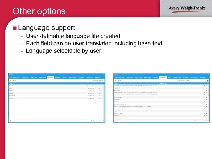 Other options n Language support – User definable language file created – Each field