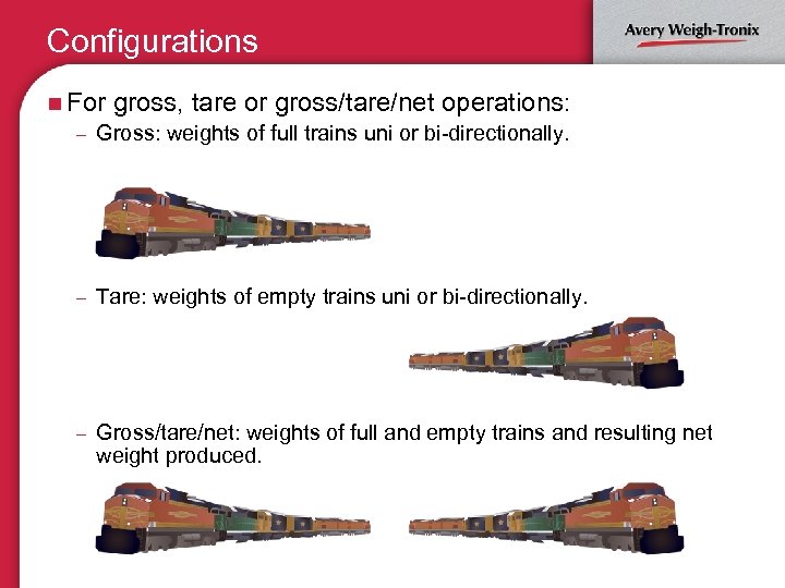 Configurations n For gross, tare or gross/tare/net operations: – Gross: weights of full trains