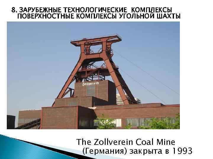 8. ЗАРУБЕЖНЫЕ ТЕХНОЛОГИЧЕСКИЕ КОМПЛЕКСЫ ПОВЕРХНОСТНЫЕ КОМПЛЕКСЫ УГОЛЬНОЙ ШАХТЫ The Zollverein Coal Mine (Германия) закрыта