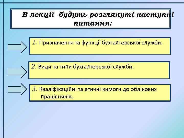 В лекції будуть розглянуті наступні питання: 1. Призначення та функції бухгалтерської служби. 2. Види