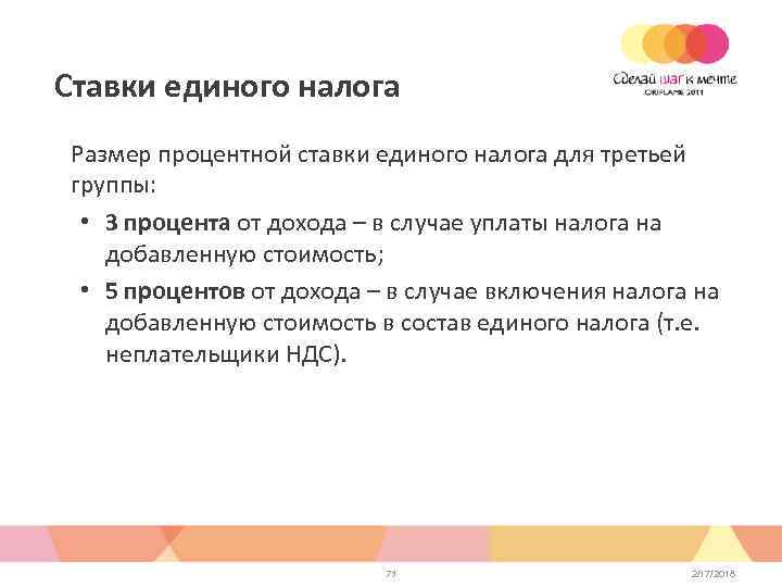 Ставки единого налога Размер процентной ставки единого налога для третьей группы: • 3 процента