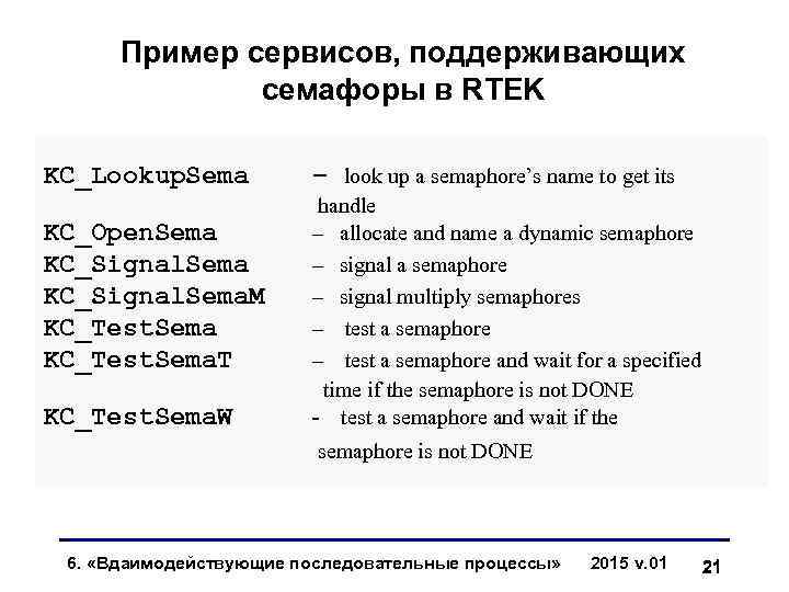 Пример сервисов, поддерживающих семафоры в RTEK KC_Lookup. Sema KC_Open. Sema KC_Signal. Sema. M KC_Test.