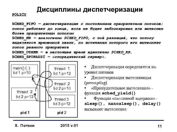 POLICY Дисциплины диспетчеризации SCHED_FIFO — диспетчеризация с постоянными приоритетами потоков; поток работает до конца,