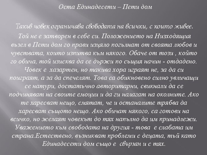 Оста Единадесети – Пети дом Такъв човек ограничава свободата на всички, с които живее.