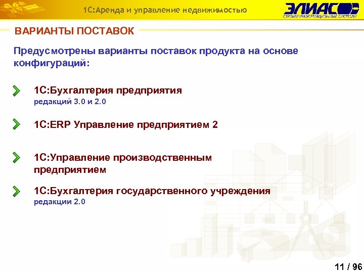 1 С: Аренда и управление недвижимостью ВАРИАНТЫ ПОСТАВОК Предусмотрены варианты поставок продукта на основе
