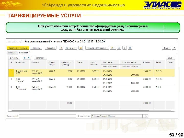 1 С: Аренда и управление недвижимостью ТАРИФИЦИРУЕМЫЕ УСЛУГИ Для учета объемов потребления тарифицируемых услуг