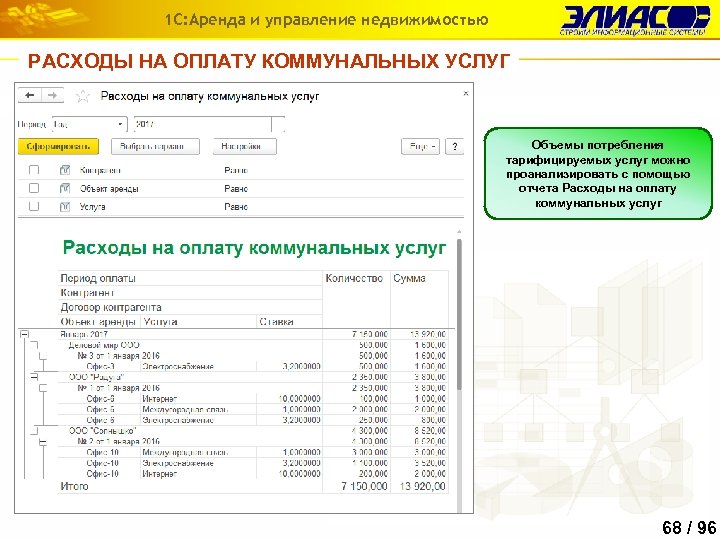 1 С: Аренда и управление недвижимостью РАСХОДЫ НА ОПЛАТУ КОММУНАЛЬНЫХ УСЛУГ Объемы потребления тарифицируемых