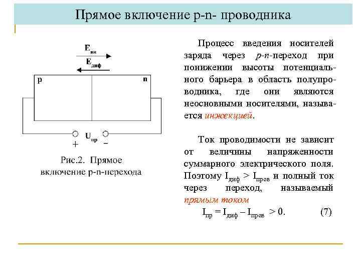 Прямое включение p-n- проводника Процесс введения носителей заряда через р-n-переход при понижении высоты потенциального