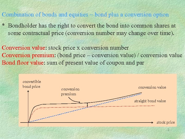 Combination of bonds and equities - bond plus a conversion option * Bondholder has
