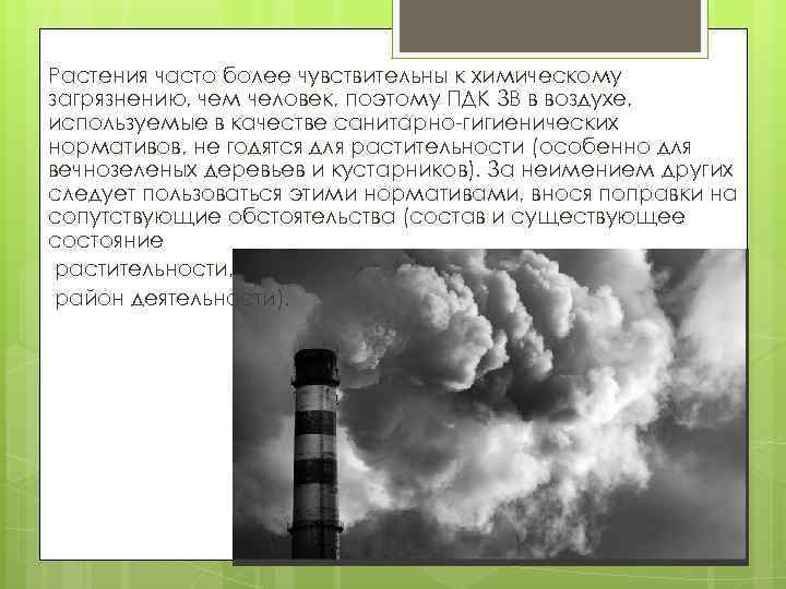Растения часто более чувствительны к химическому загрязнению, чем человек, поэтому ПДК ЗВ в воздухе,